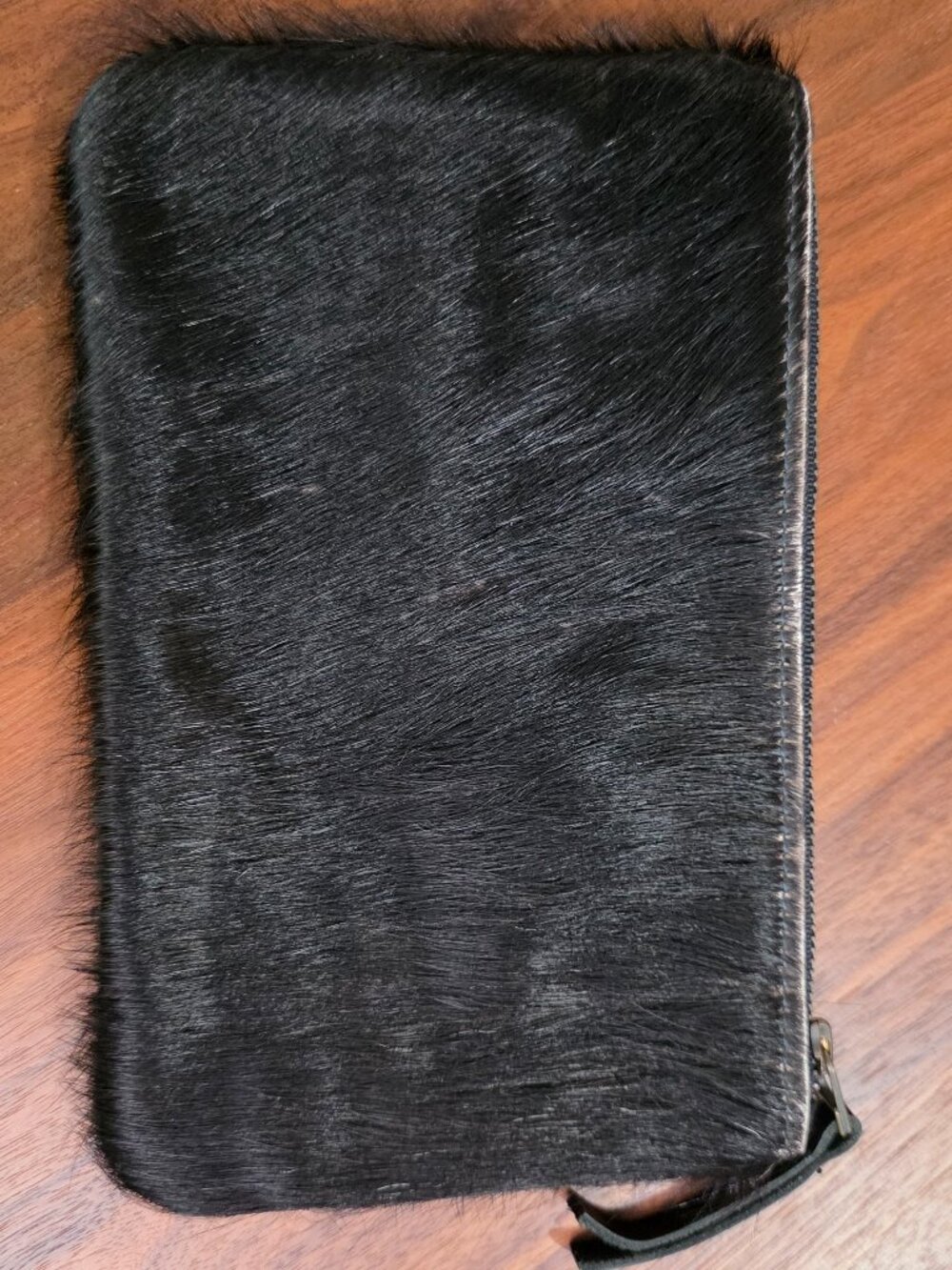 Black leather zipper clutch, 100% genuine hair-on cowhide handmade by Primecut